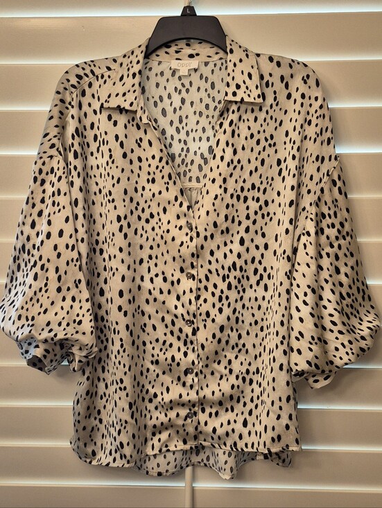ODDY Tops - Cream and Black Printed Button-Front Blouse By Oddy Balloon Half Sleeves Sz L